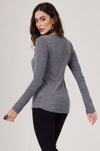 Blusa Básica Com Botões Cinza Mescla Yacamim B14 Liso