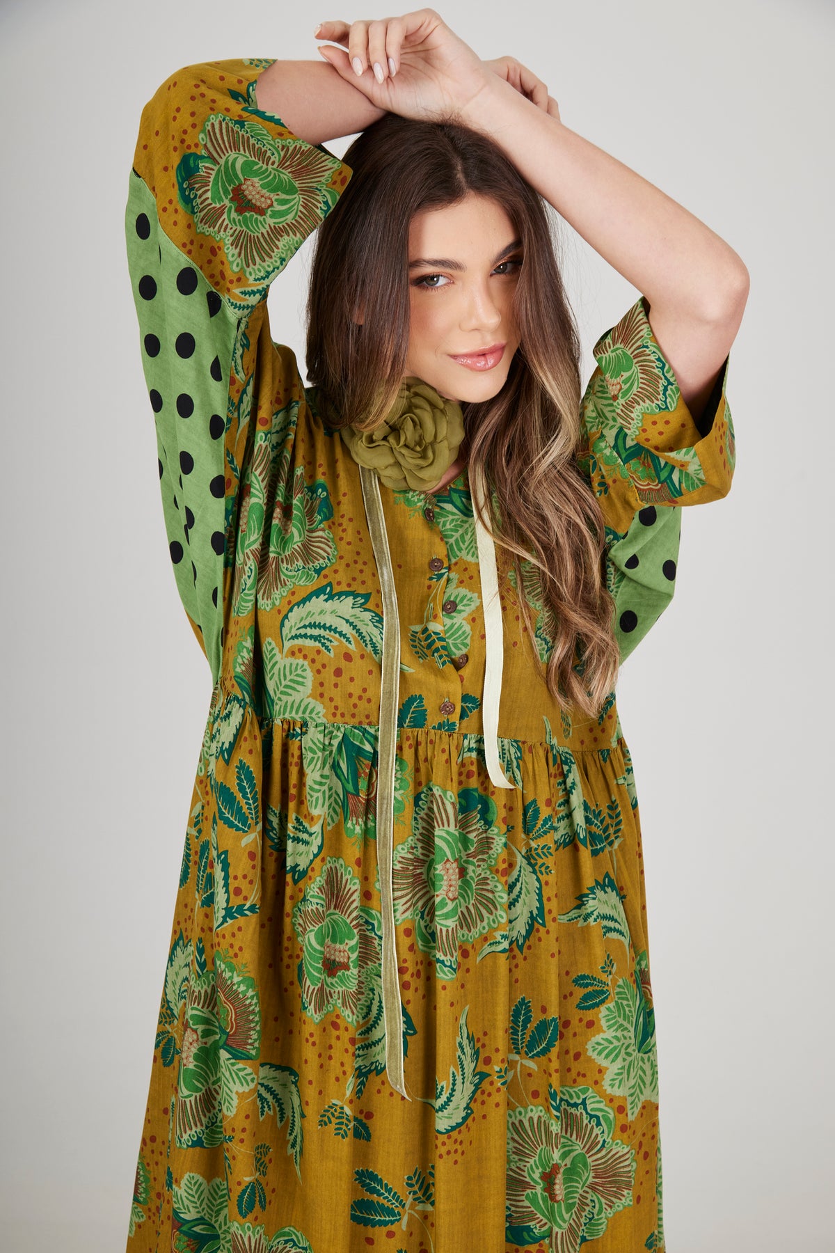 Vestido Midi Amplo Verde Estampado Patchwork Yacamim E8