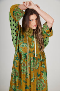 Vestido Midi Amplo Verde Estampado Patchwork Yacamim E8