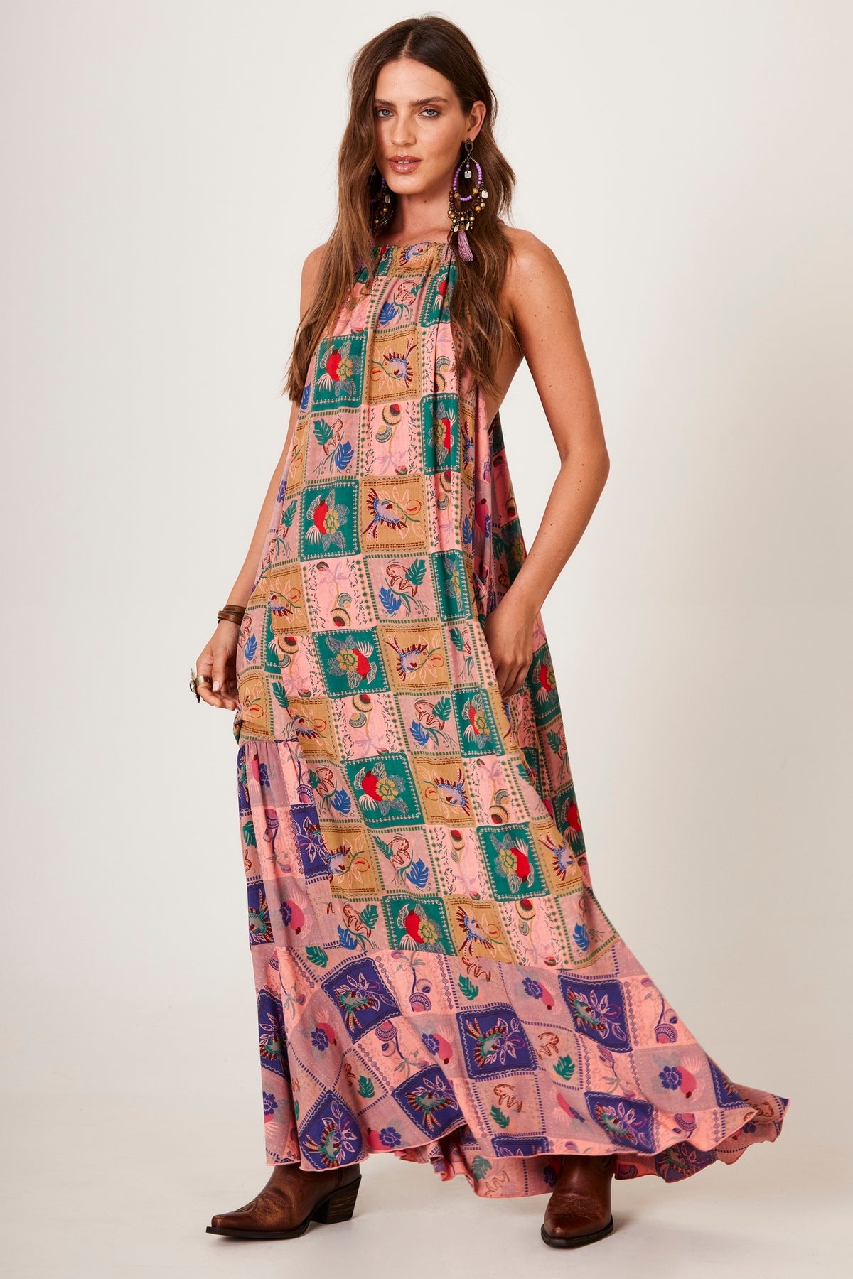 Vestido Longo Amplo Rosa Estampa Geométrica Yacamim E6