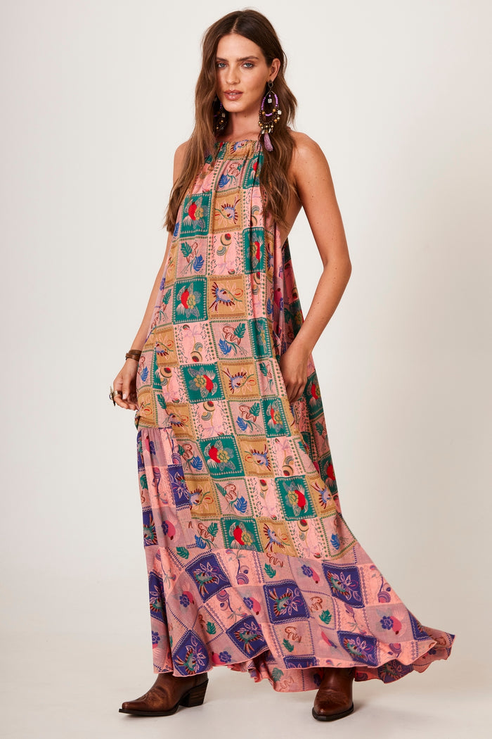 Vestido Longo Amplo Rosa Estampa Geométrica Yacamim E6