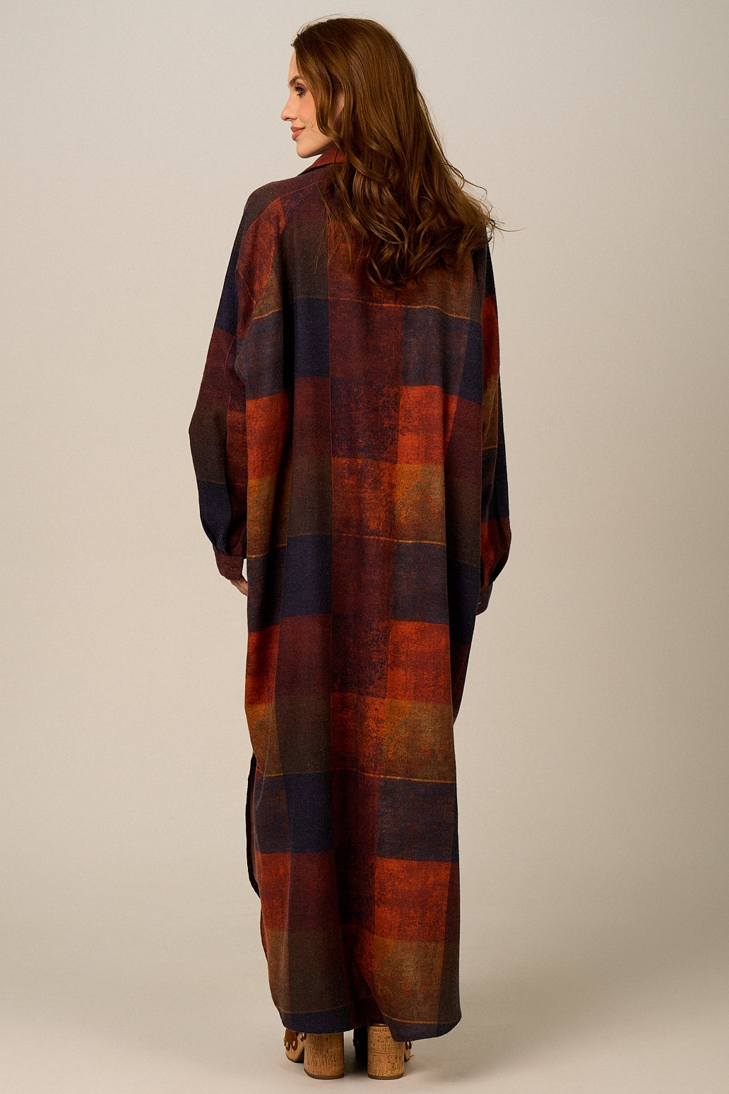 Chemise Longa De Algodão Terracota Estampa Xadrez Yacamim N6