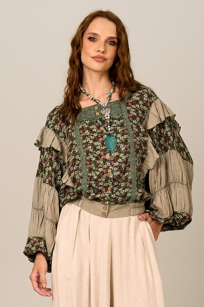 Bata Com Mangas Longas Bufantes Verde Estampado Patchwork Yacamim B20