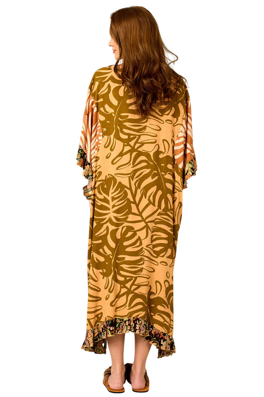 Kaftan Midi Amplo Mostarda Patchwork Yacamim J6
