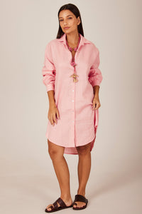 Chemise Clássica De Linho Alongada Rosa Claro Yacamim P5 Liso