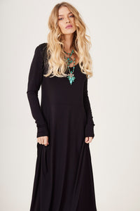 Vestido Longo Com Mangas Justas Preto Yacamim D5 Liso