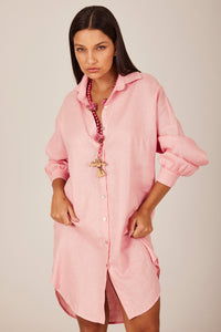 Chemise Clássica De Linho Alongada Rosa Claro Yacamim P5 Liso