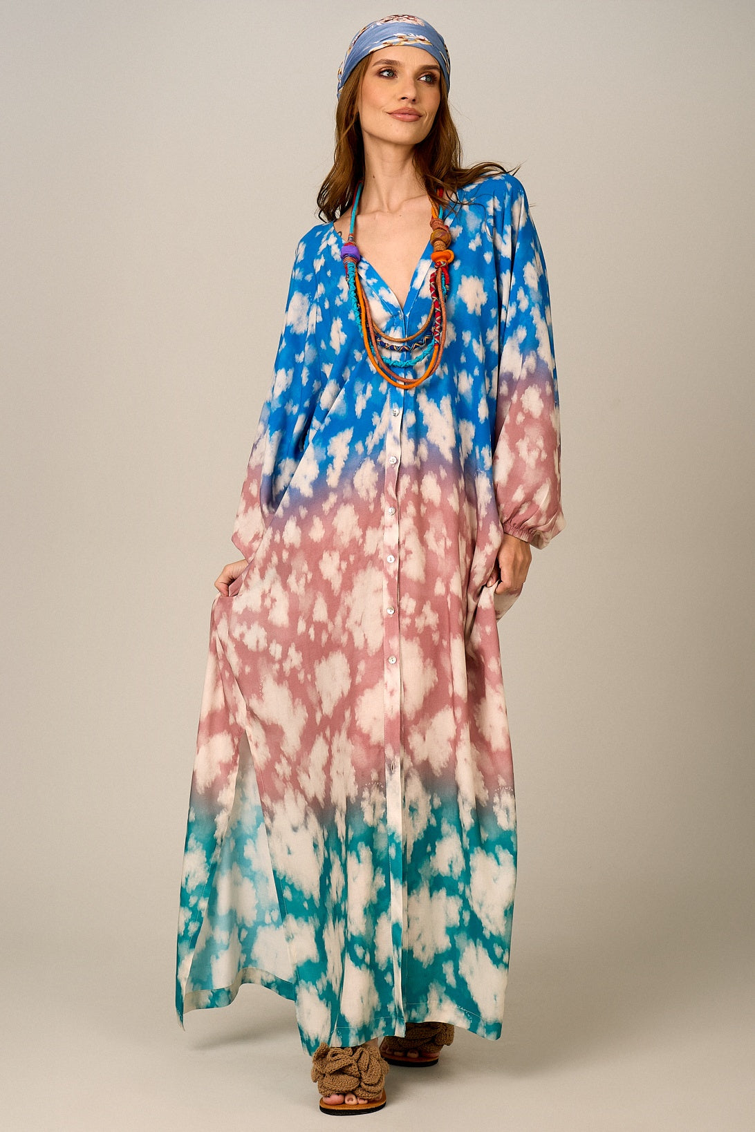 Chemise Longa Ampla Azul Rosê E Verde Degradê Yacamim N5