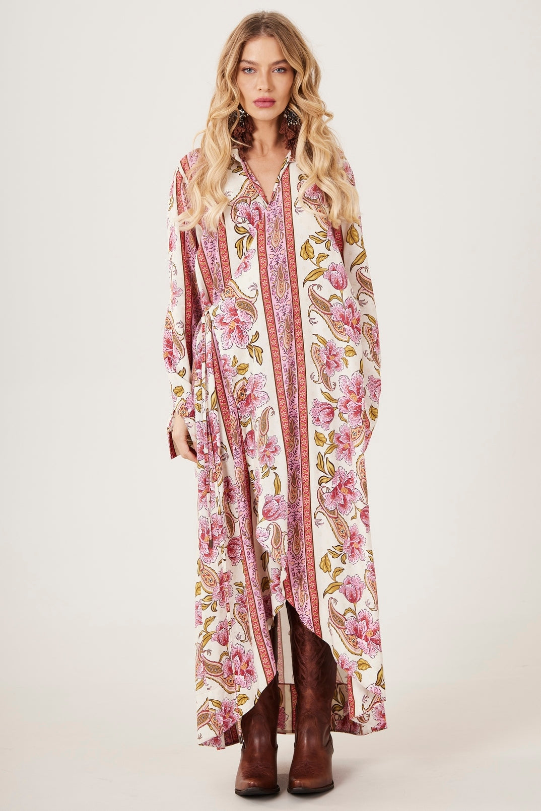 Chemise Longo Transpassado Rosa Estampa Cashmere Yacamim M3