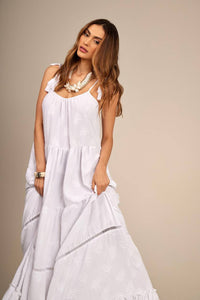 Vestido Longo De Alças Com Entremeios E Babados Branco Yacamim D21