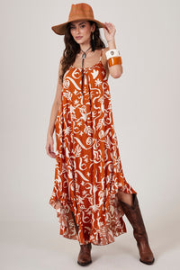 Vestido Longo Com Alças Reguláveis Laranja Estampado Yacamim C2