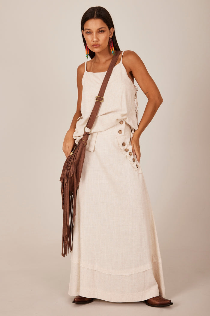 Saia Longa Linho Com Botões Bege Yacamim A19 Liso