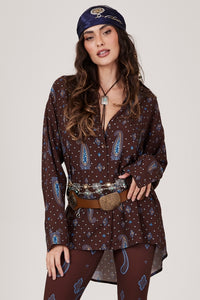 Camisa Marrom Escuro Estampa Cashmere Azul Yacamim A29