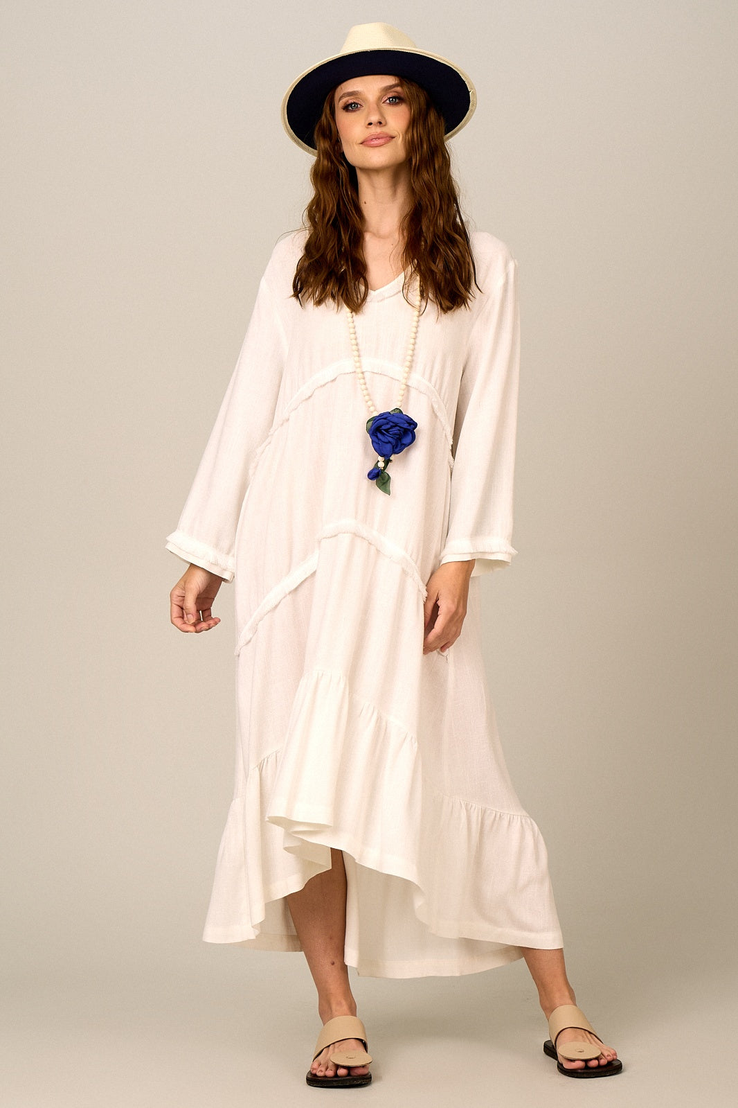 Vestido Midi De Viscolinho Off White Yacamim C1