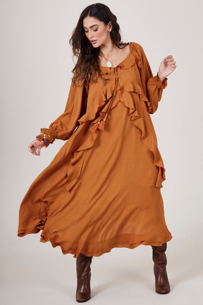 Vestido Longo Ombro A Ombro Caramelo Yacamim C14 Liso