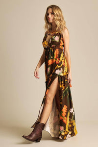 Vestido Longo Com Alças Marrom Estampado Yacamim E21