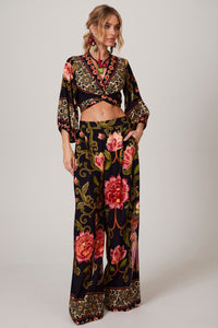 Calça Pantalona Com Bolsos Preto Estampado Yacamim A33