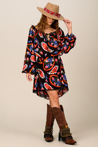 Vestido Curto Preto Estampa Cashmere Yacamim C26