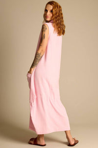 Vestido Longo Regata Gola Rolê Bolsos Rosa Claro Yacamim E22