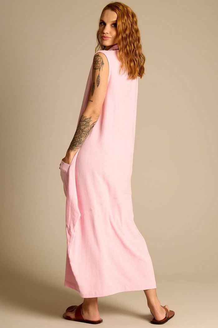 Vestido Longo Regata Gola Rolê Bolsos Rosa Claro Yacamim E22