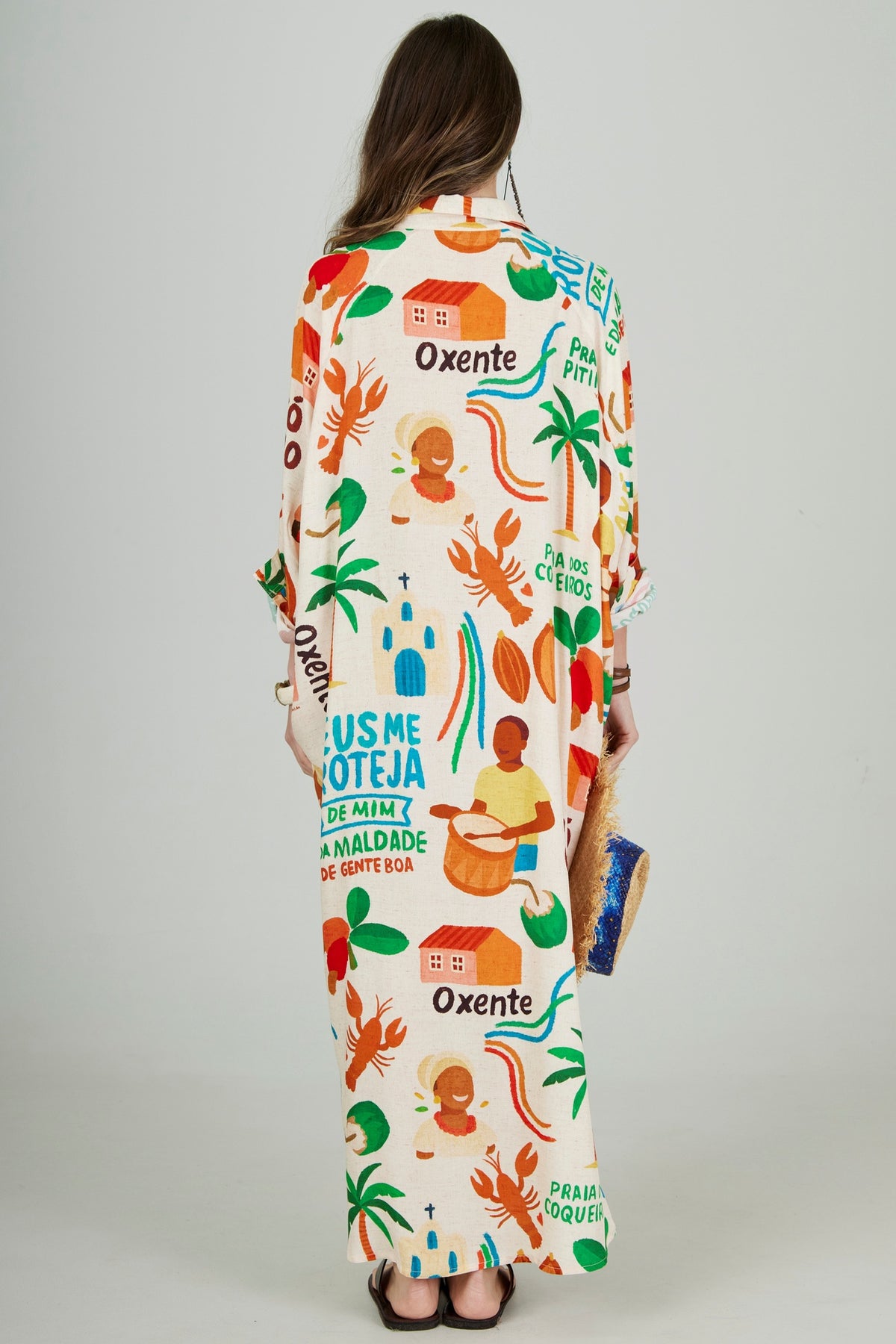 Chemise Midi Bege Estampado Coleção Bahêa Yacamim R10