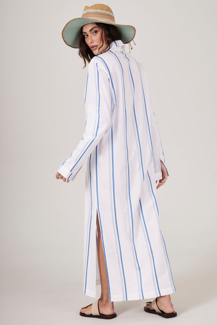 Chemise Midi Listrada Branca Com Azul Estampado Yacamim M7