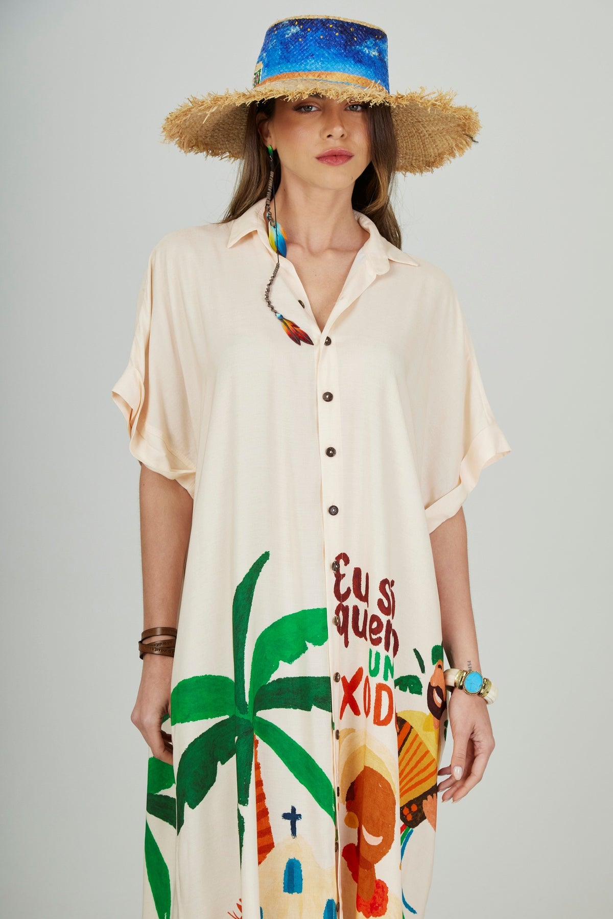 Chemise Midi Bege Estampado Coleção Bahêa Yacamim R4