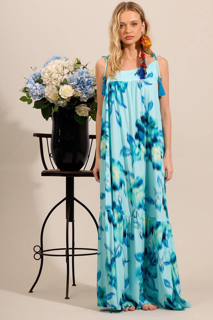 Vestido Longo Um Ombro Só De Alças Azul Claro Estampado Yacamim E8