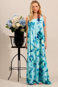 Vestido Longo Um Ombro Só De Alças Azul Claro Estampado Yacamim E8