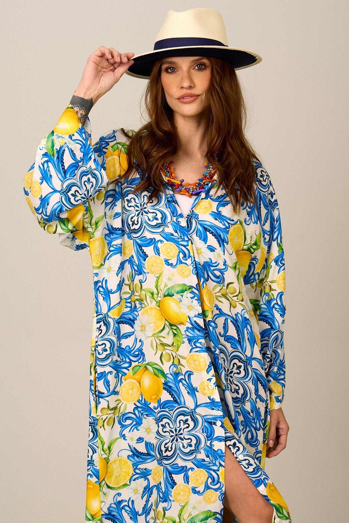 Chemise Longo Amplo Estampa De Limões Sicilianos Yacamim L2