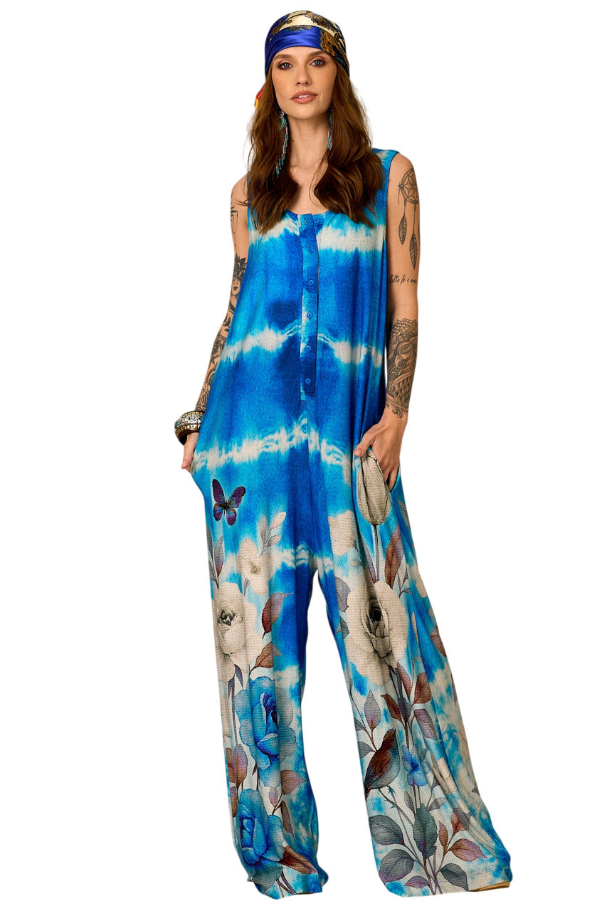 Macacão Pantalona Azul Estampa De Rosas Yacamim O9