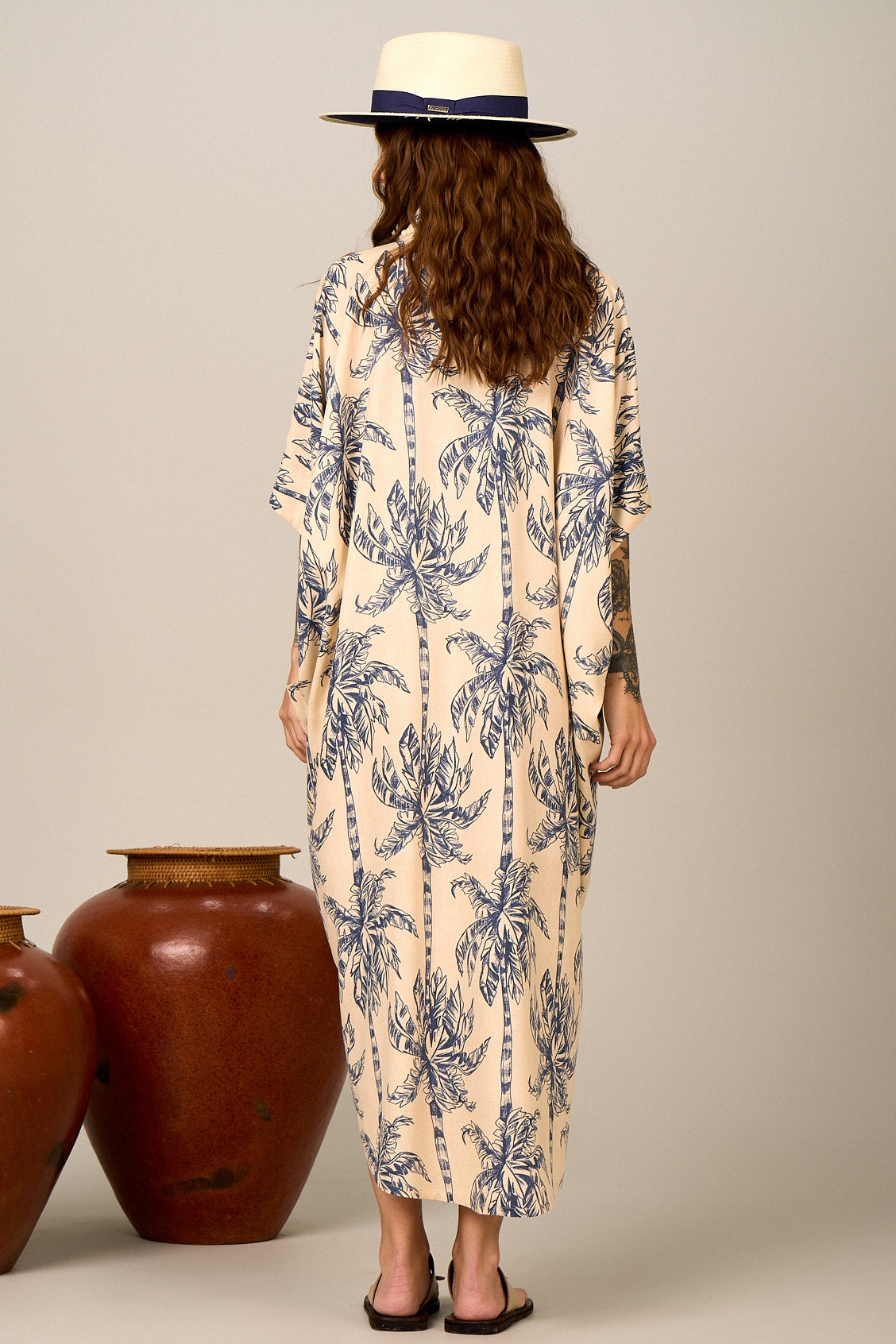 Chemise Longo Bege Estampa De Coqueiros Yacamim N8