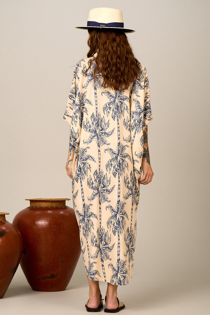 Chemise Longo Bege Estampa De Coqueiros Yacamim N8