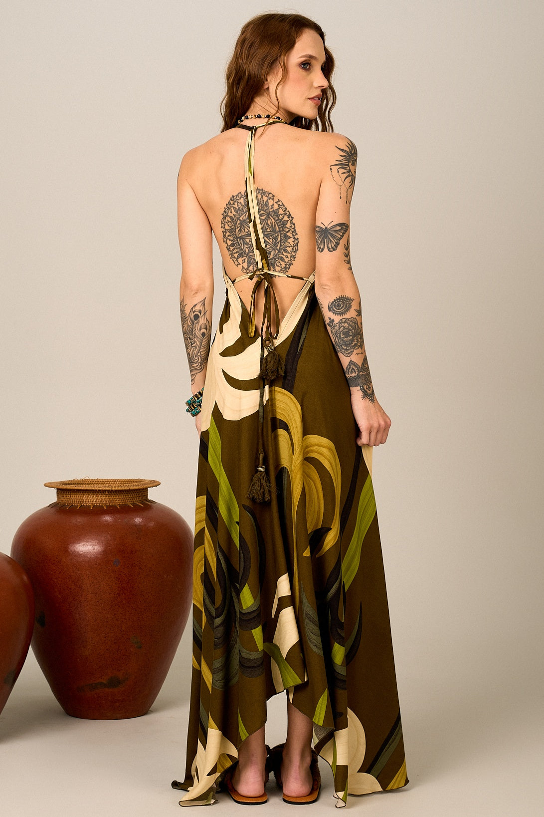 Vestido Longo Frente Única Verde Estampado Yacamim D9