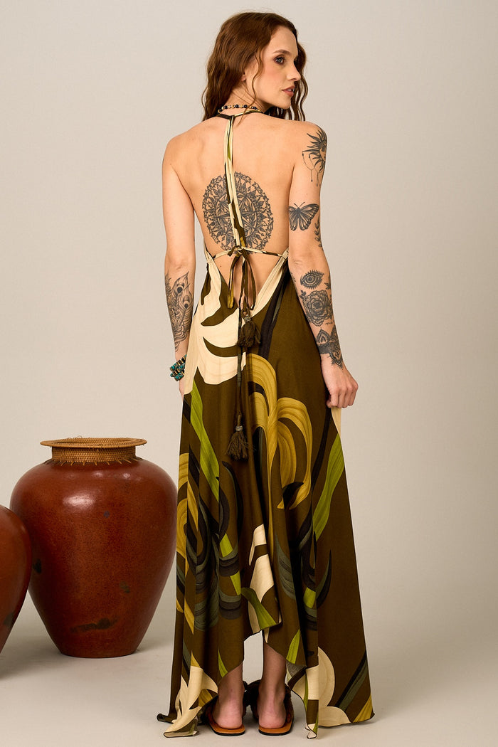 Vestido Longo Frente Única Verde Estampado Yacamim D9