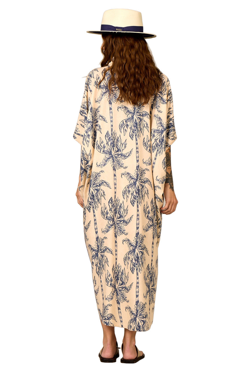 Chemise Longo Bege Estampa De Coqueiros Yacamim N8