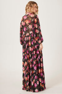 Vestido De Tule Longo Preto Estampa Floral Yacamim D15 Paris