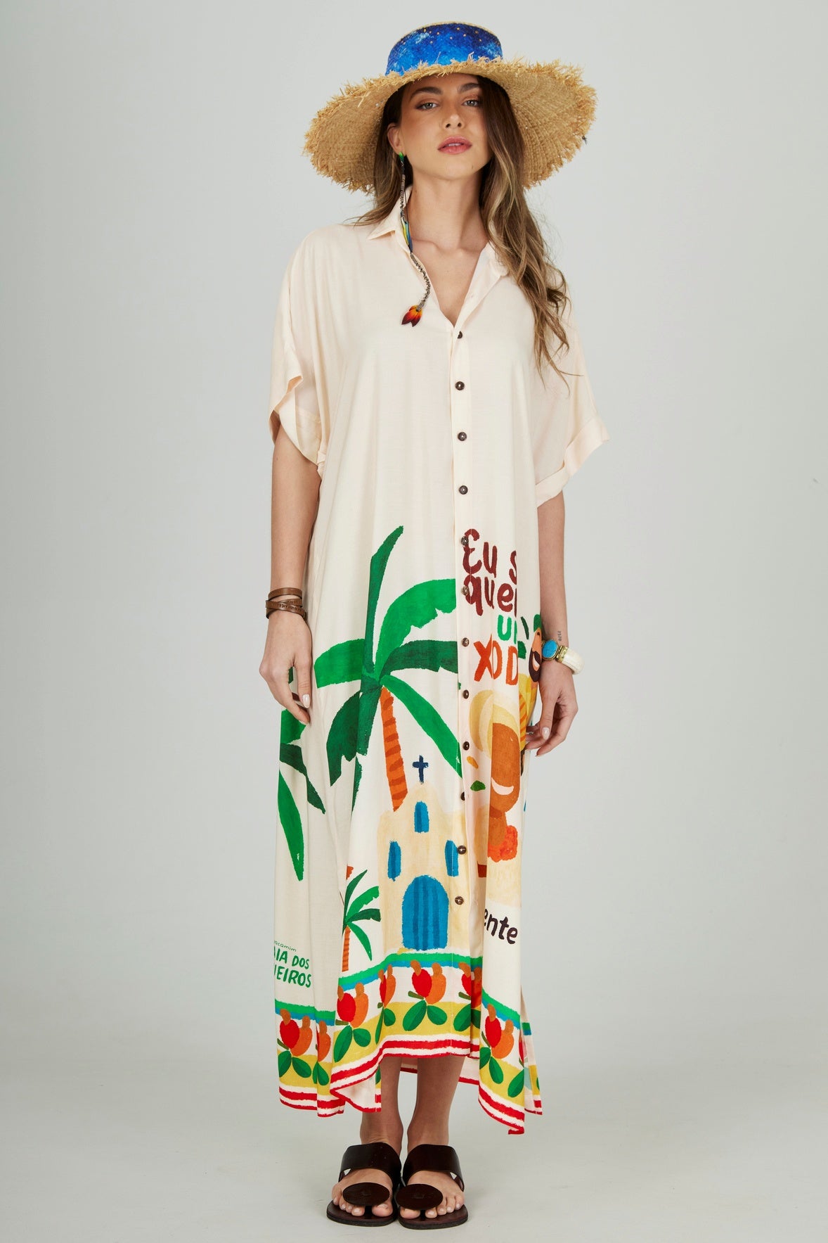 Chemise Midi Bege Estampado Coleção Bahêa Yacamim R4