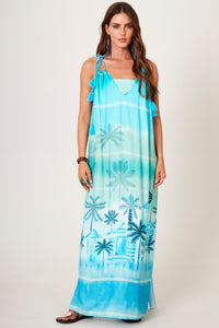Vestido Longo Com Alças De Amarrar Azul Claro Estampa Tropical Yacamim D25