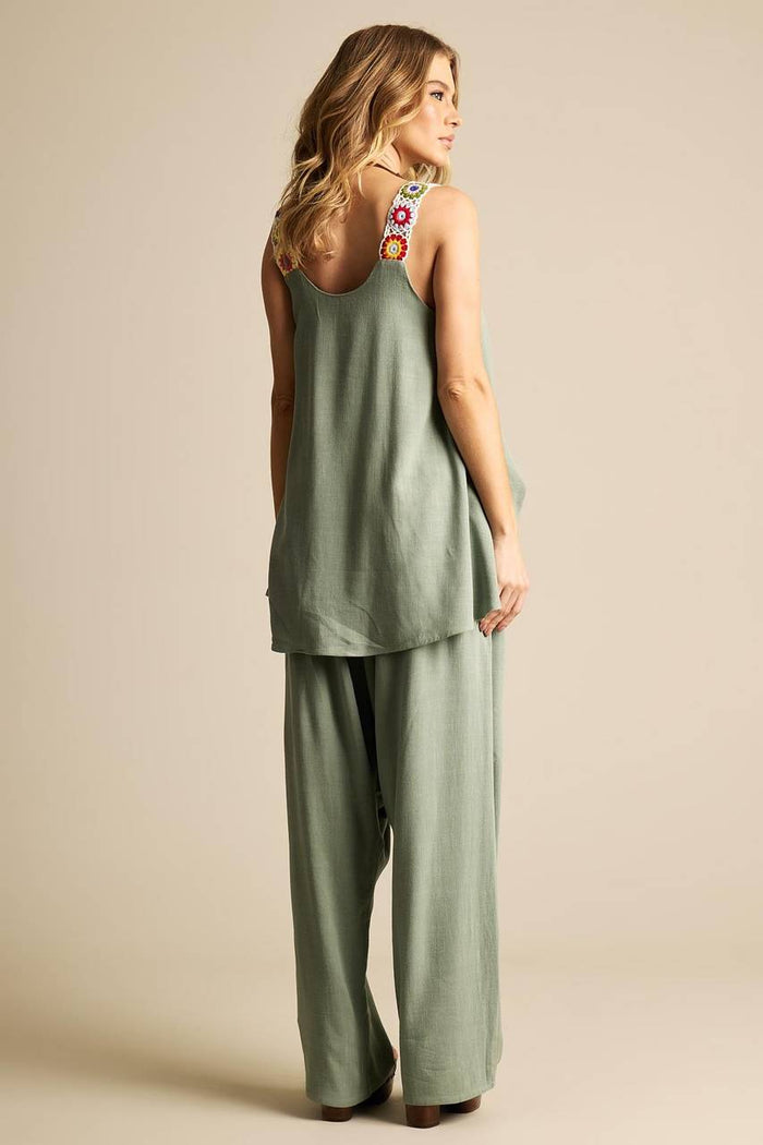 Calça Saruel De Linho Com Cordão Verde Yacamim A7