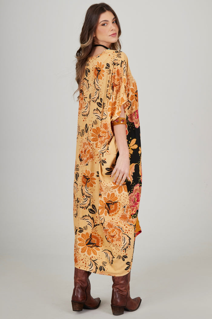 Kaftan Midi Amarelo E Preto Patchwork Yacamim J8