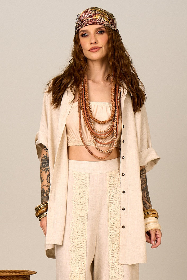 Camisa De Linho Com Mangas 3/4 Bege Nature Yacamim a28