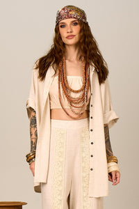 Camisa De Linho Com Mangas 3/4 Bege Nature Yacamim a28