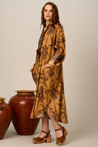 Chemise Midi Viscolinho Marrom Estampa De Coqueiros Yacamim P1