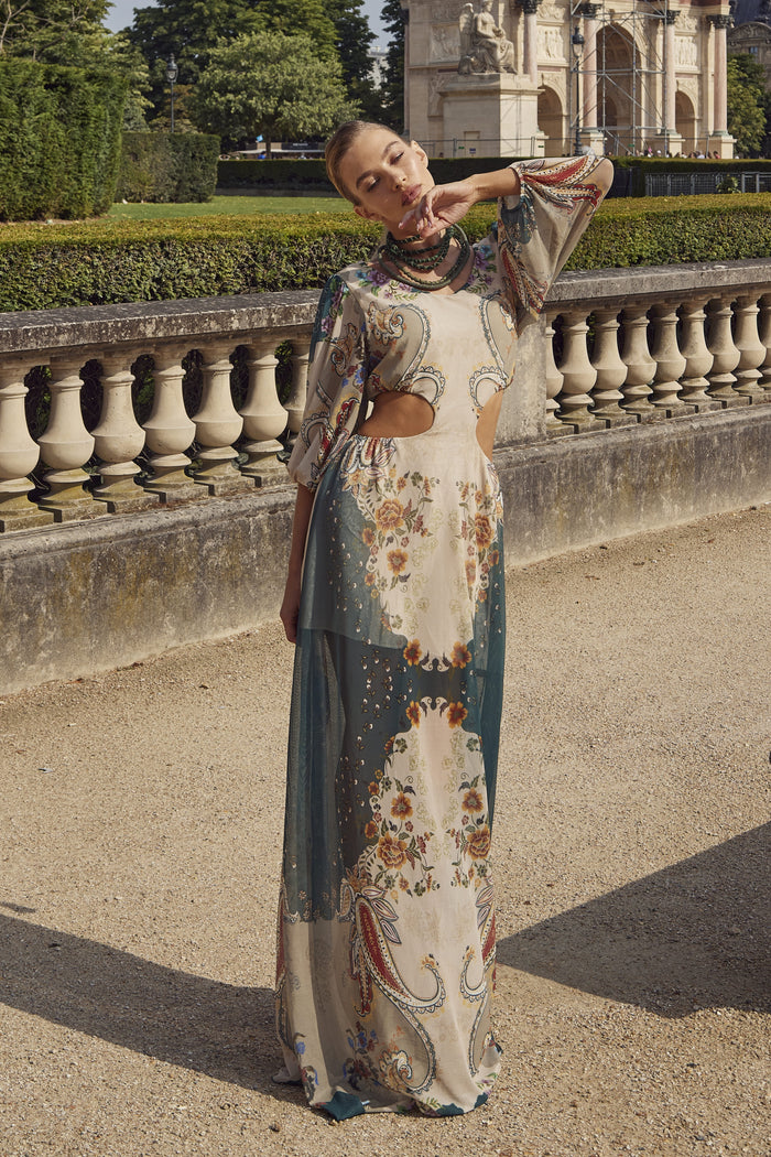 Vestido Longo De Tule Verde E Bege Estampa Paisley Yacamim E23 Paris