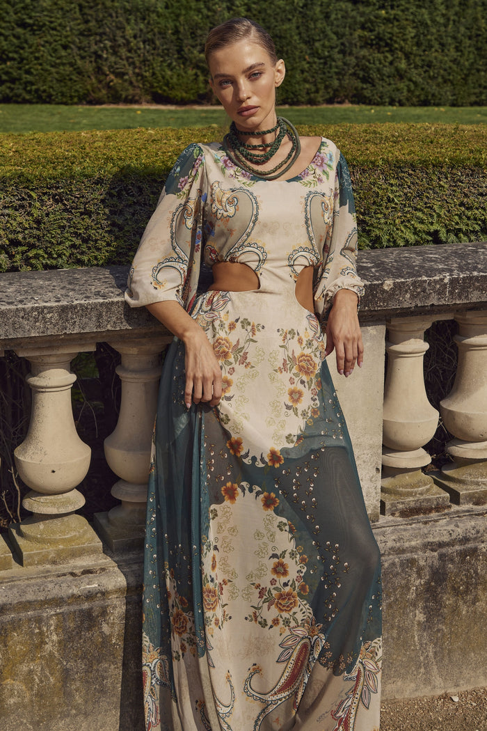 Vestido Longo De Tule Verde E Bege Estampa Paisley Yacamim E23 Paris