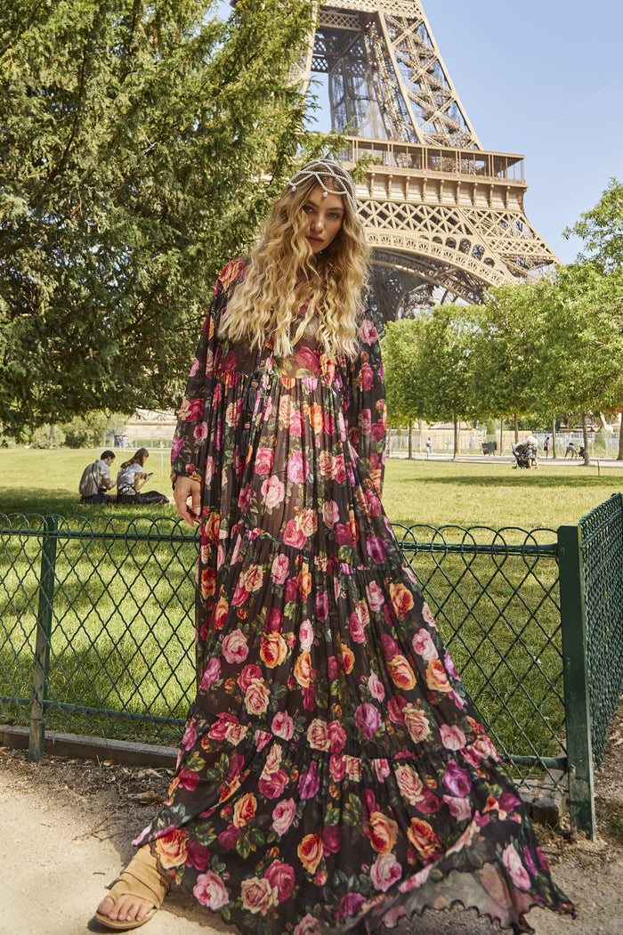 Vestido De Tule Longo Preto Estampa Floral Yacamim D15 Paris