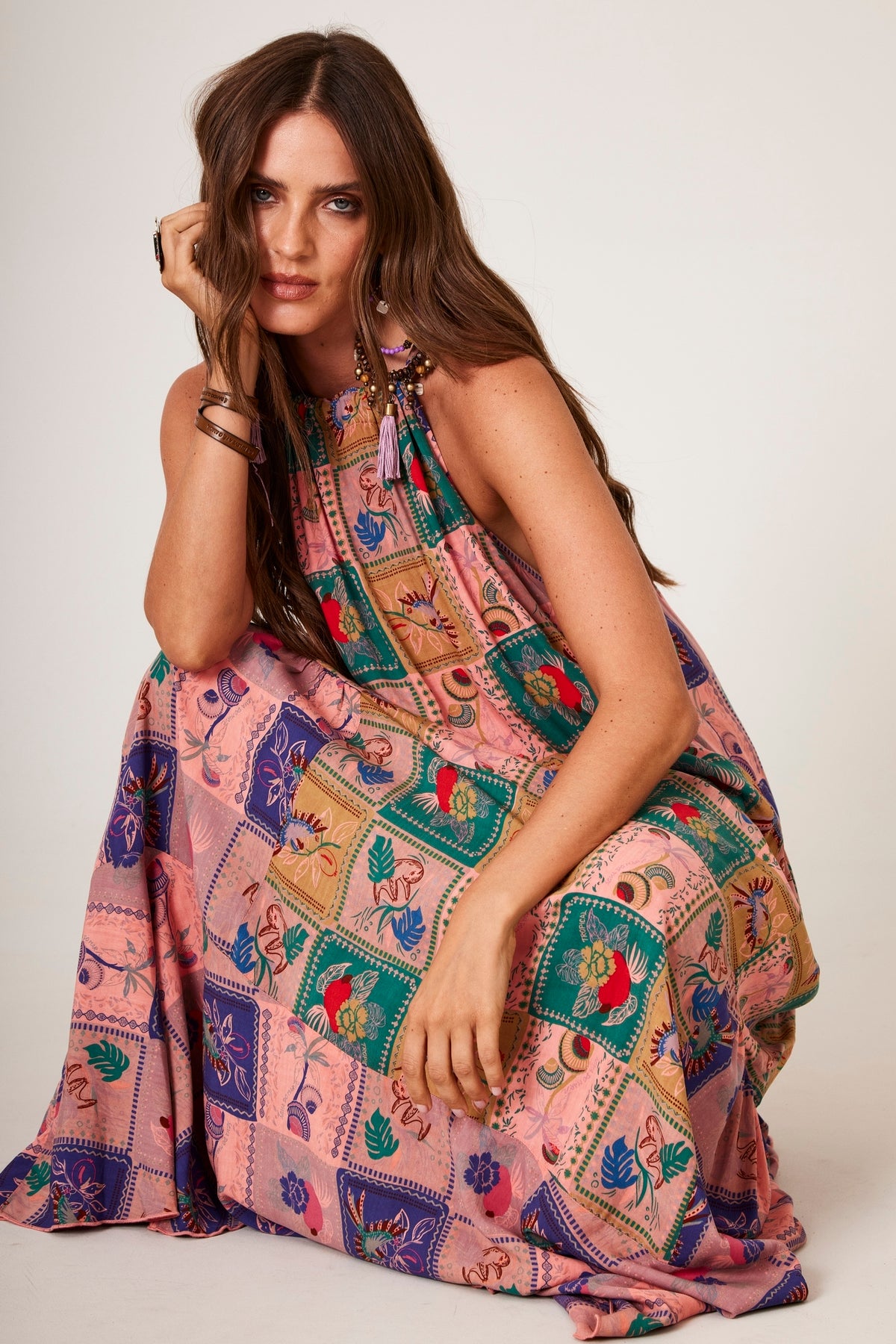 Vestido Longo Amplo Rosa Estampa Geométrica Yacamim E6