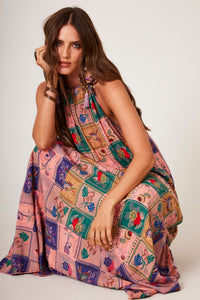 Vestido Longo Amplo Rosa Estampa Geométrica Yacamim E6