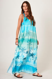 Vestido Longo Com Alças De Amarrar Azul Claro Estampa Tropical Yacamim D25
